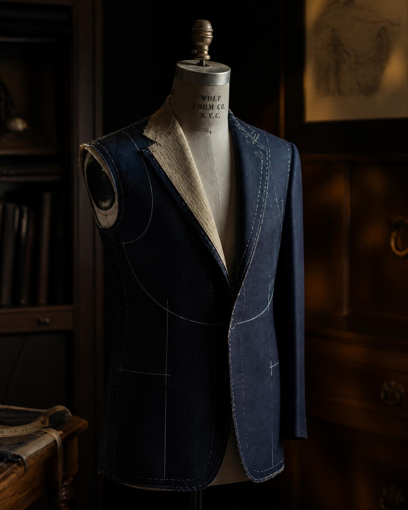 A part-tailored jacket on a tailor's dress form with basting stitches
