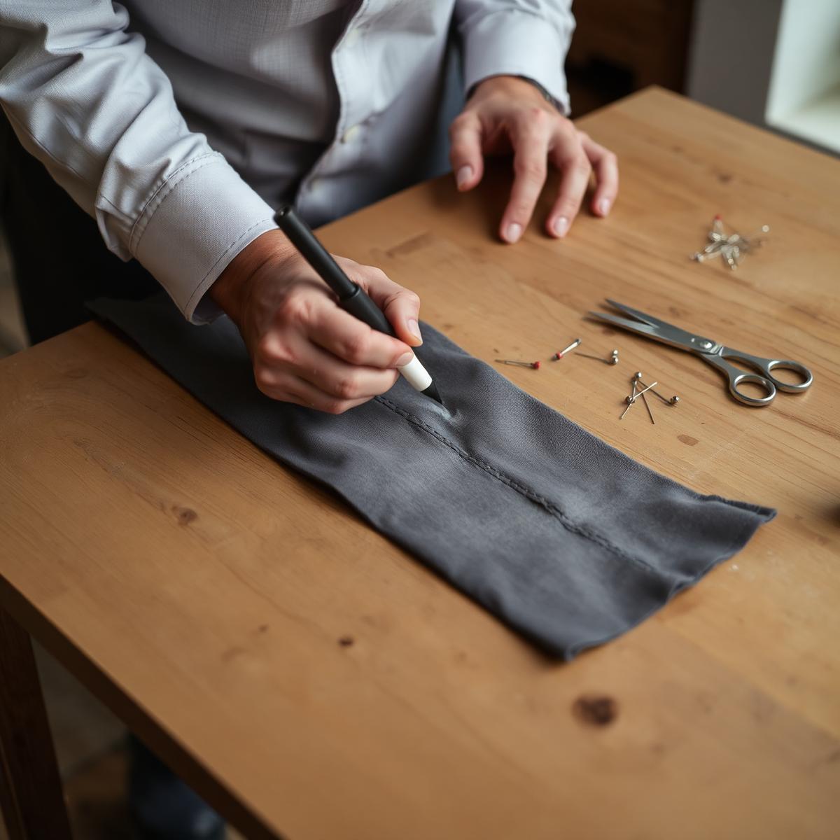 Chalk marking a trouser hem before alteration